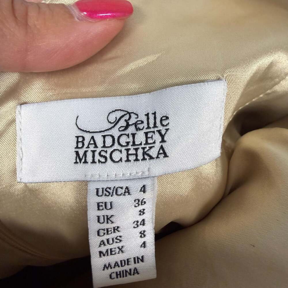 Belle Badgley Mischka Gold Metallic Bell Sleeve Jacquard Mini Dress - Picture 8 of 11